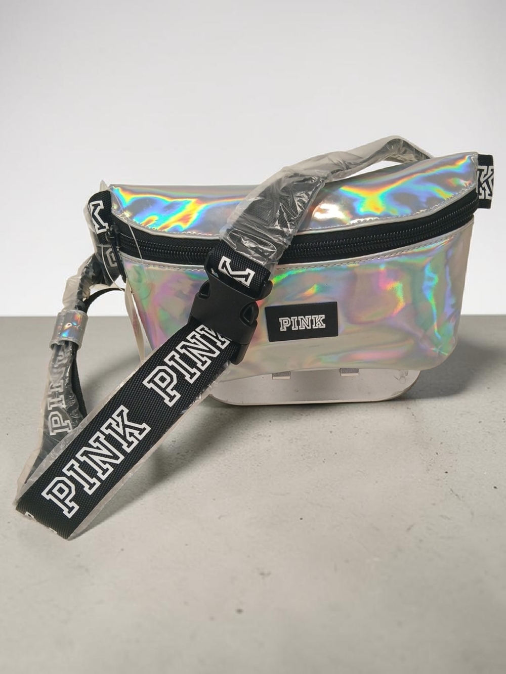 PINK Victoria's Secret Iridescent Holographic Crossbody Bag with Black Strap